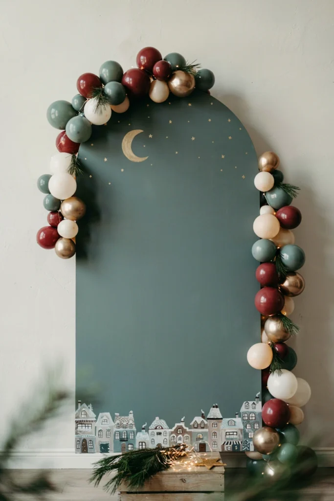 Starry night It Takes a Village arch sign with moon and village skyline for a Christmas baby shower