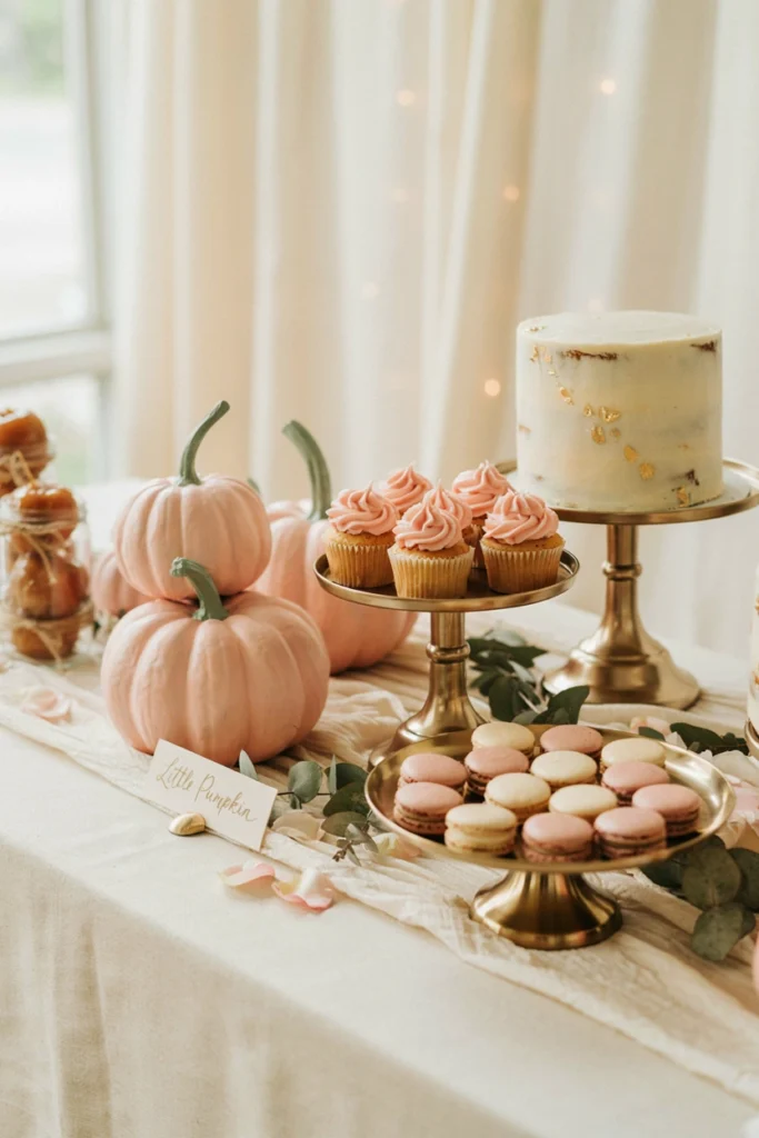 Blush pink pumpkin patch baby shower dessert table with gold cake stands and a Little Pumpkin sign