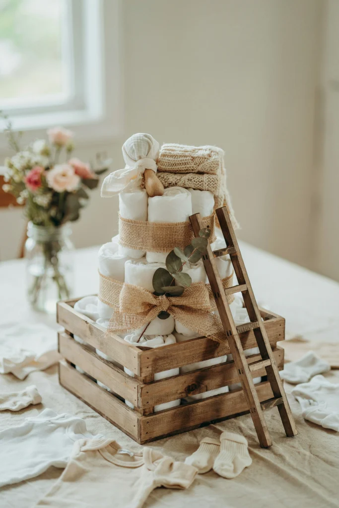 Diaper cake styled in a mini wooden apple crate