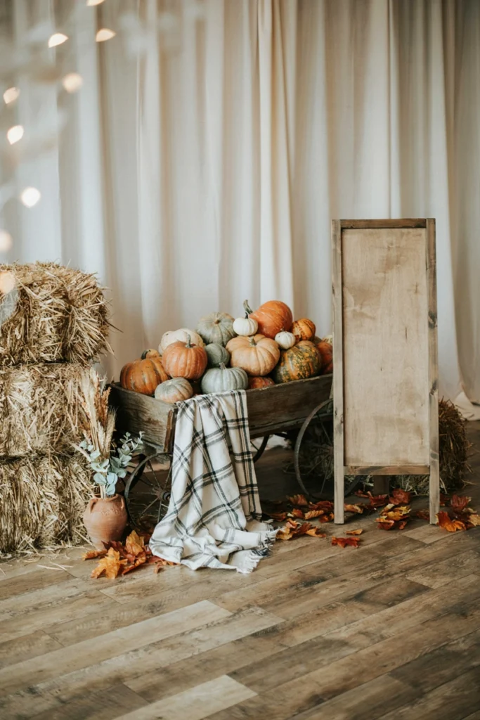 Pumpkin patch photo backdrop with hay bales and wagon for boy baby shower