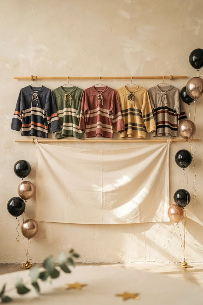 Vintage hockey jersey backdrop for a hockey baby shower photo wall