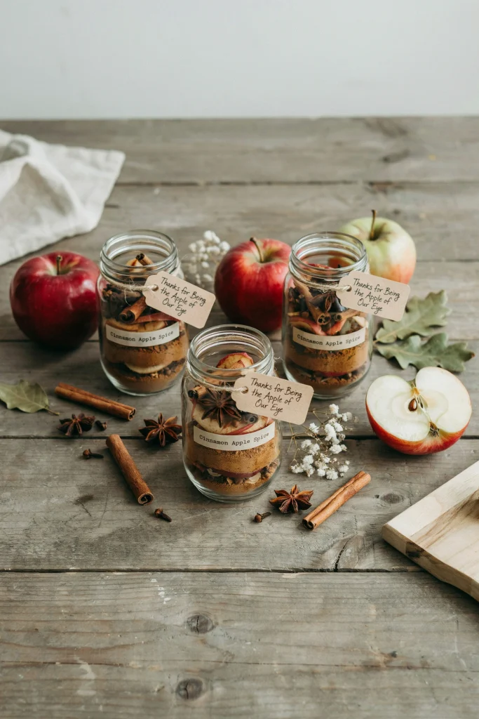 Cinnamon apple spice favor jars with kraft tags
