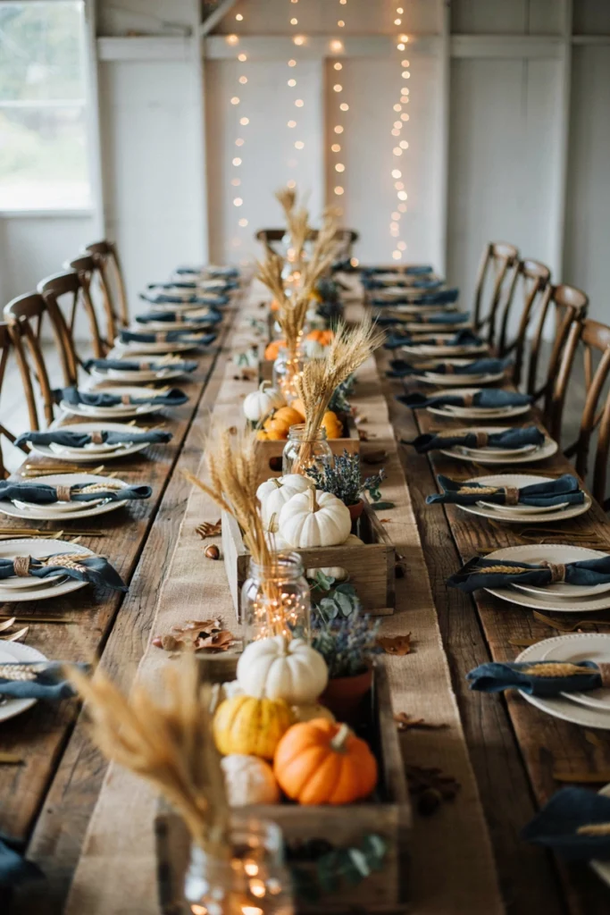 Rustic farmhouse fall baby shower table with wheat bundles, mason jars, and burlap runners
