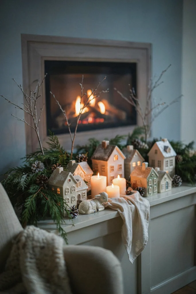Fireside mantel styled with mini light-up ceramic village houses