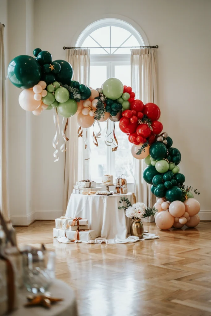 Red, green, and cream balloon garland arch backdrop for a Grinch baby shower