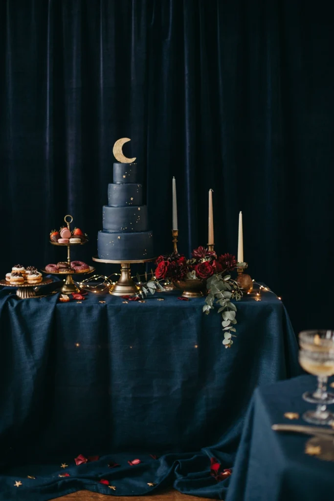 Midnight harvest moon fall baby shower table in navy, burgundy, and gold under candlelight