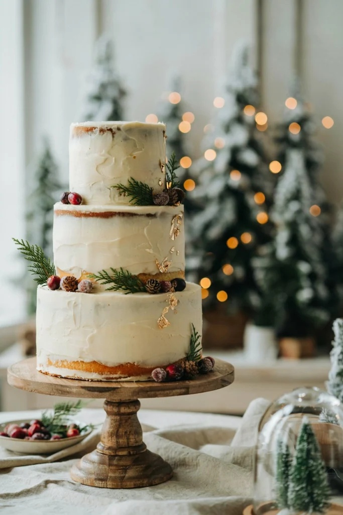 Semi-naked tiered cake with pinecones and greenery for an It Takes a Village baby shower