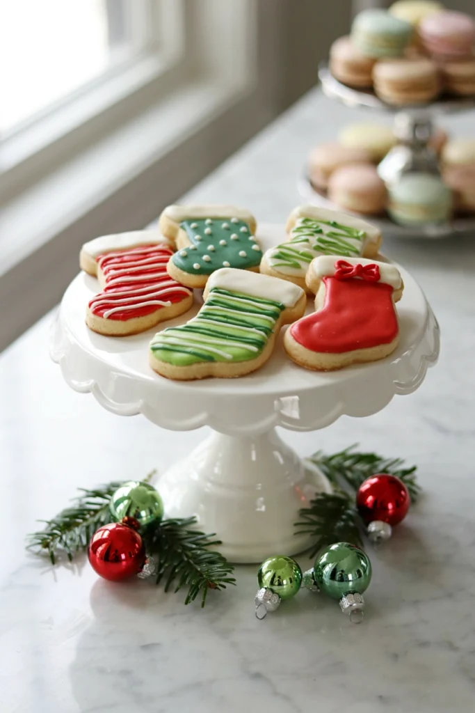 Red and green stocking-shaped sugar cookies on a Grinch baby shower dessert table