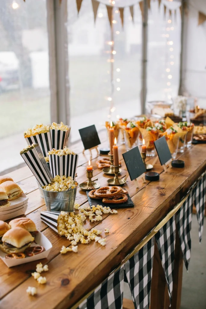 Stadium snack station with pretzels, nachos, and popcorn for a hockey baby shower