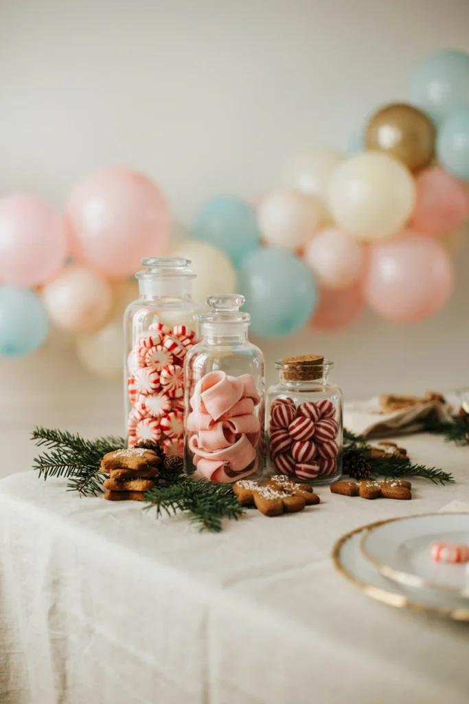 Trio of glass apothecary candy jar centerpieces filled with peppermints and ribbon candy for a baby shower