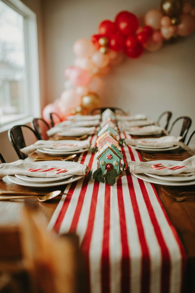 Red and white candy cane striped table runner and place settings for a candyland baby shower