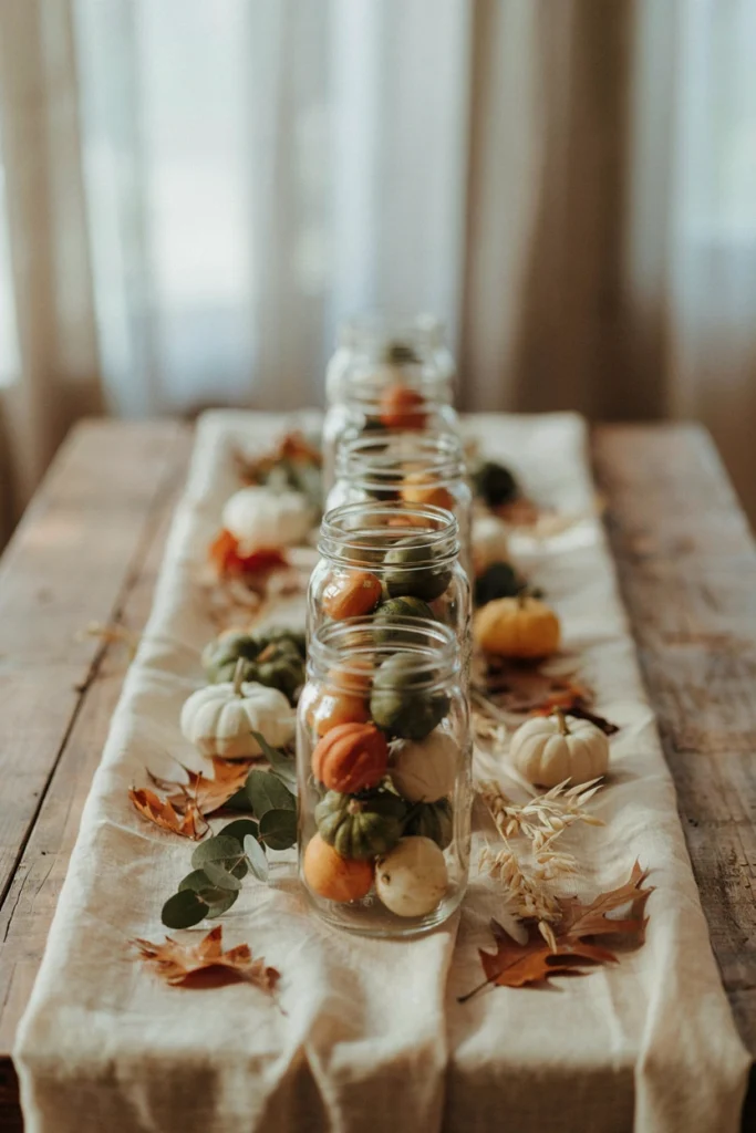 Mason jars filled with mini pumpkins and gourds as a fall baby shower centerpiece