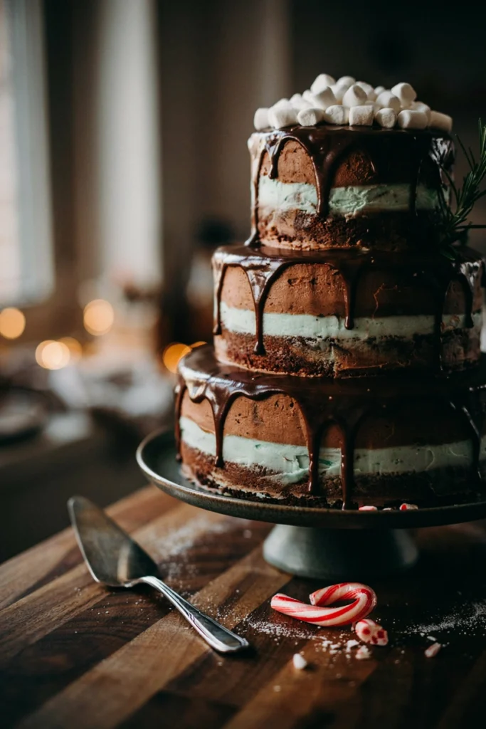 Chocolate cake with swirled peppermint buttercream, mini marshmallows, and a chocolate ganache drip