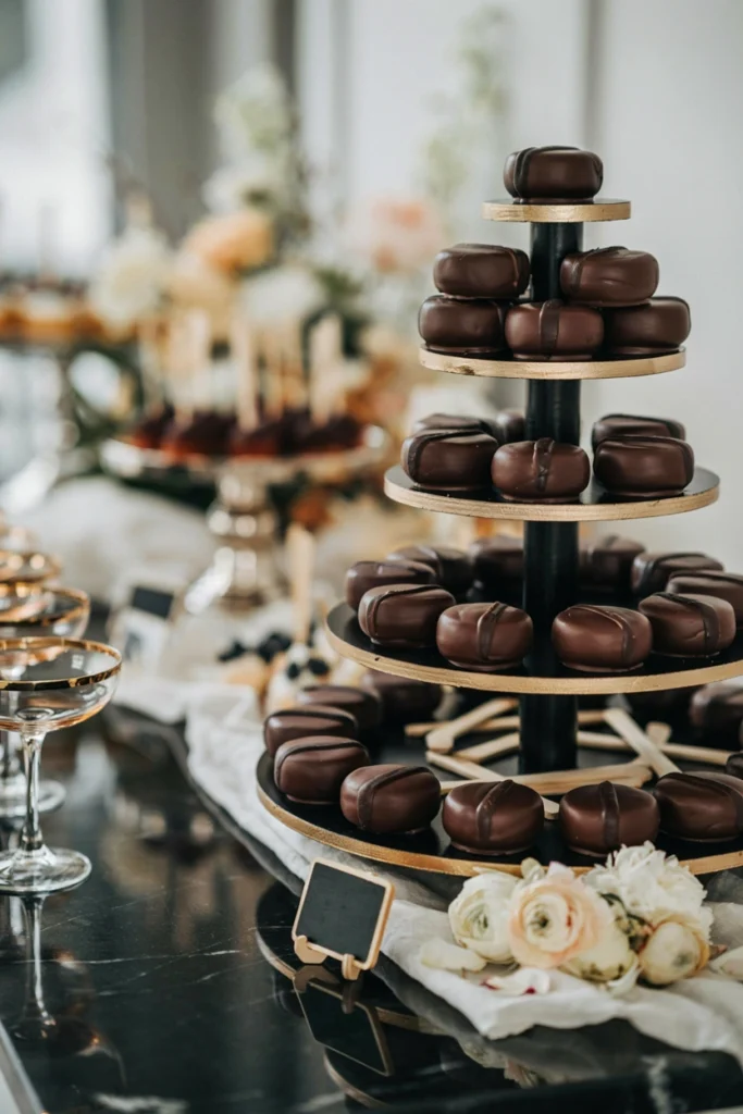 Puck-shaped chocolate cake pops on a hockey baby shower dessert table