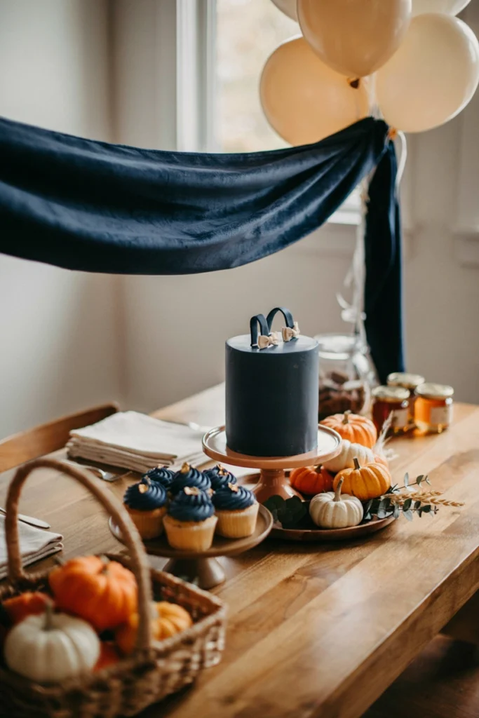 Little Pumpkin Little Man fall baby shower dessert table with navy and mustard pumpkins