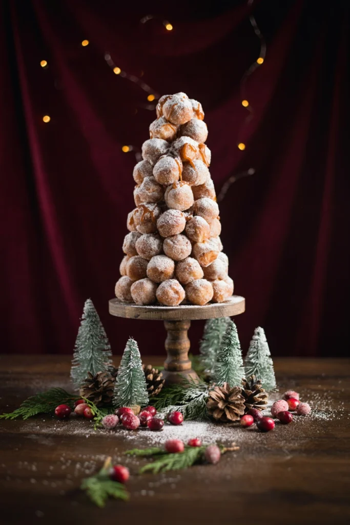 Donut hole croquembouche tower with mini bottle-brush trees for a winter baby shower
