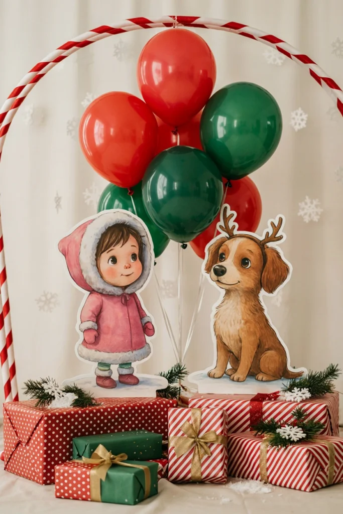 Cindy Lou Who and Max the dog cutouts welcoming guests at a Grinch baby shower entrance