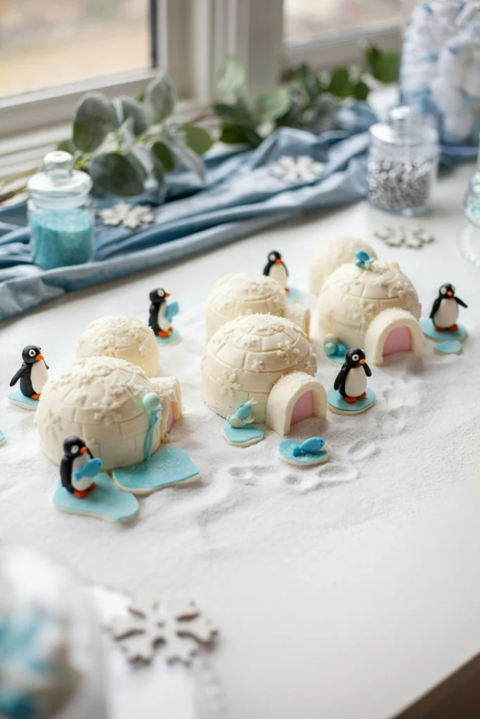 Small dome-shaped white cakes textured to look like igloos, topped with tiny fondant penguins