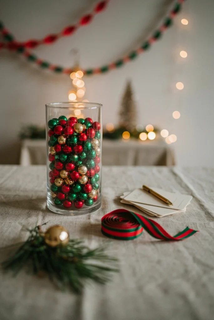 Guess the due date ornament jar game at a Grinch baby shower