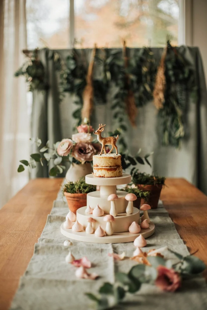 Woodland baby shower dessert table in sage green and dusty rose with a fawn cake topper