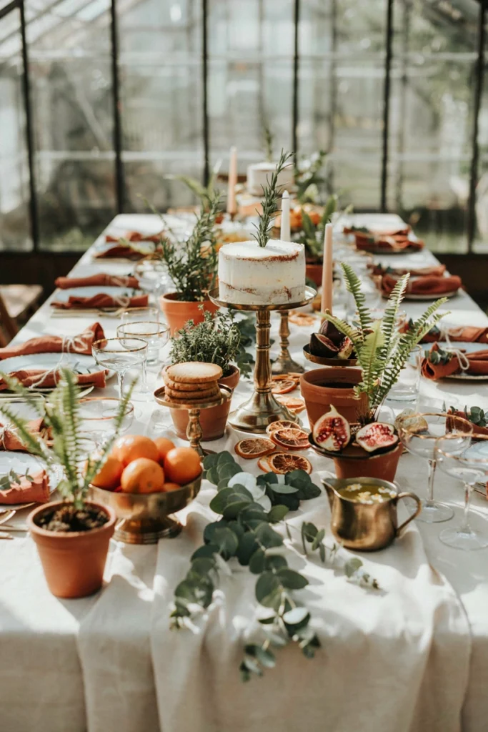 Autumn botanical greenhouse baby shower table with dried citrus slices and terracotta herb pots