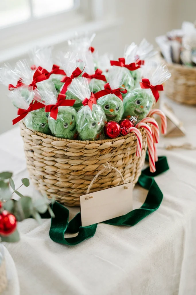 Mini Grinch plush party favors wrapped in cellophane