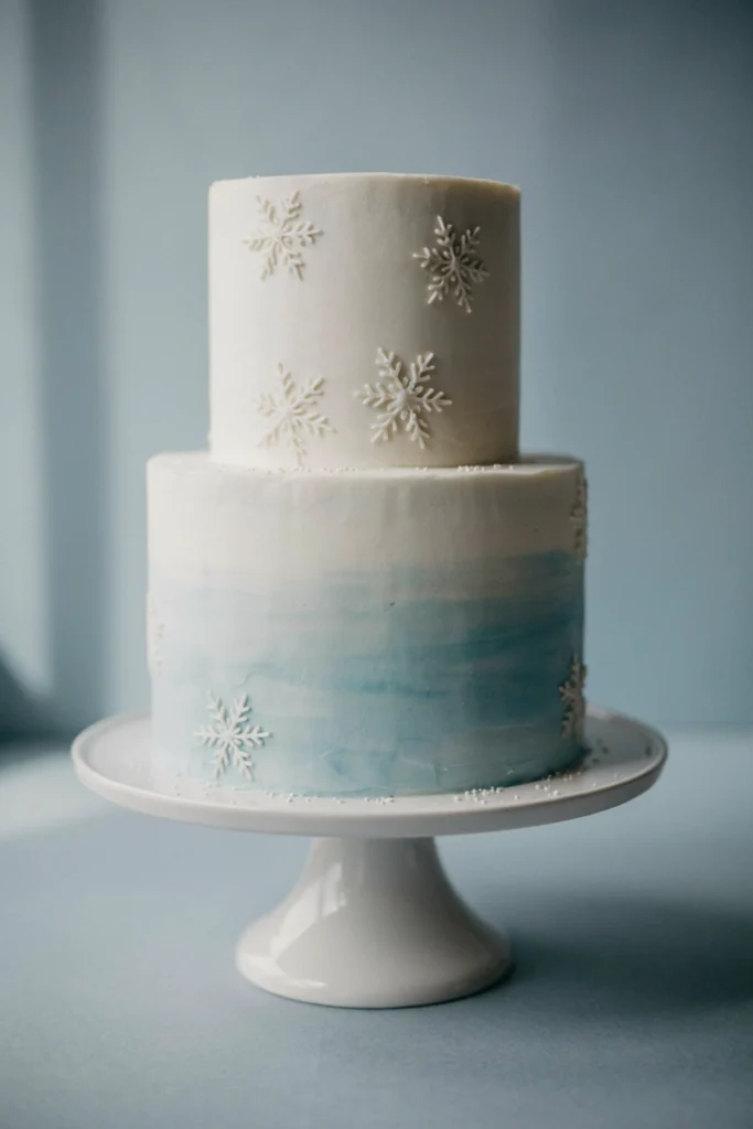 Two-tier white buttercream cake ombré fading to icy blue with piped snowflakes on top