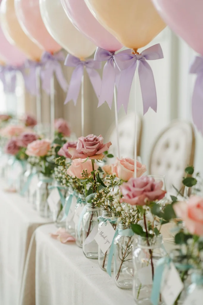 Lavender satin ribbon bow details on balloons and favor jars