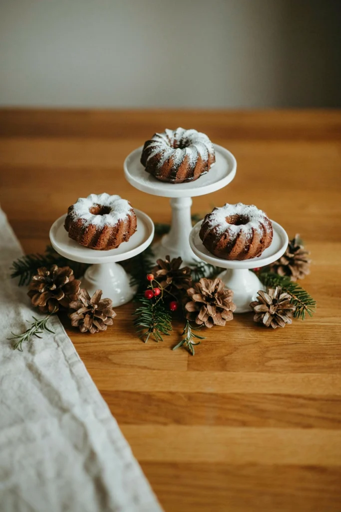 Three mini bundt cakes dusted with powdered sugar snow and stacked on a tiered cake stand with pinecones
