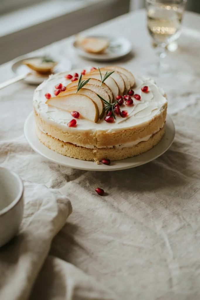 Vanilla sponge and whipped cream cake topped with sugared pears, pomegranate arils, and rosemary sprigs