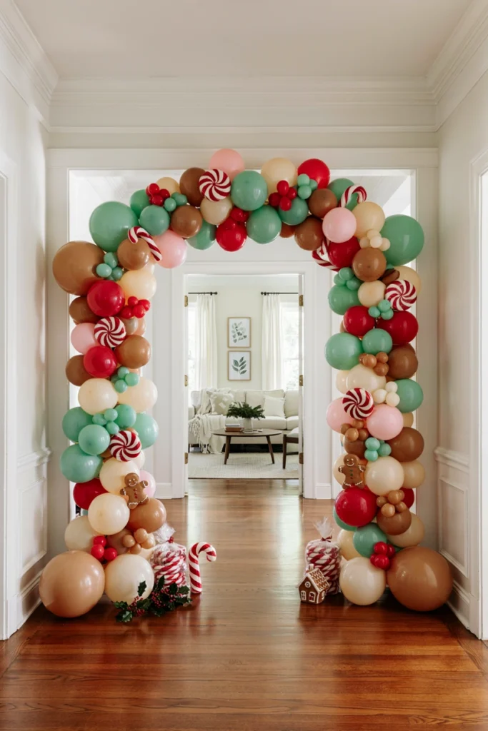 Peppermint swirl and candy cane balloon garland draped over a home entryway for a Christmas baby shower