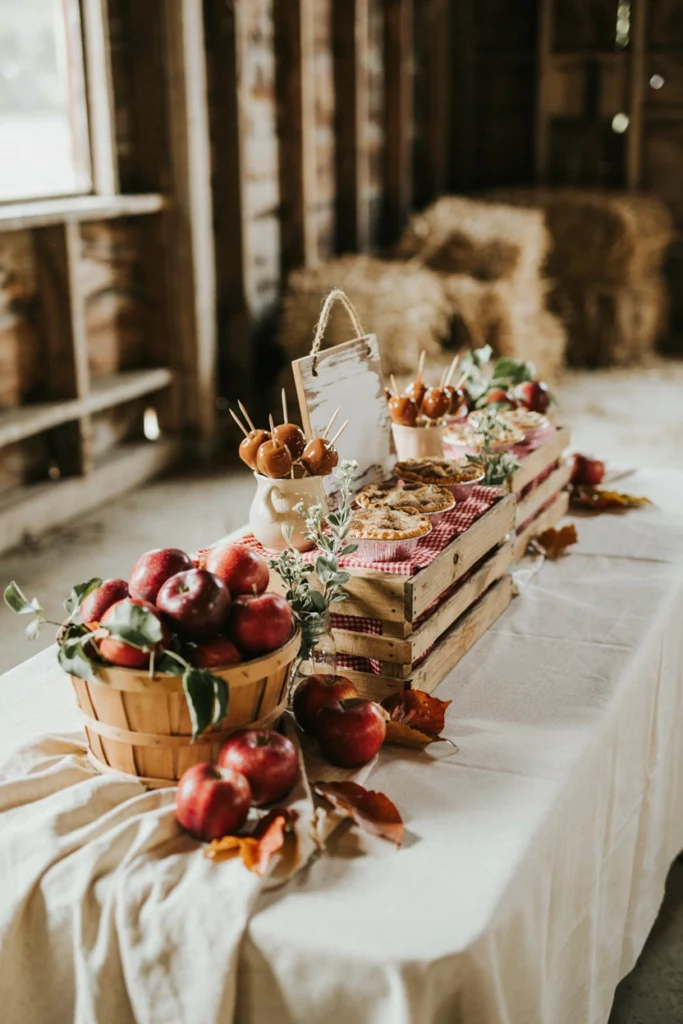 Apple orchard baby shower dessert table with wooden crates and red gingham liners