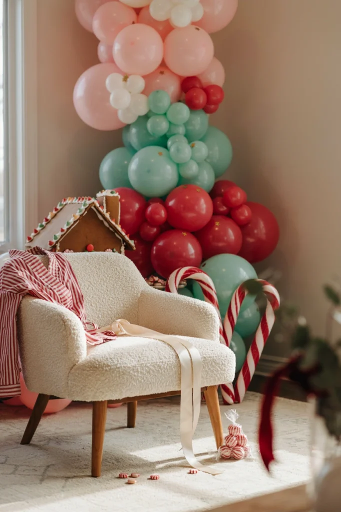 Mama-to-be in a candy cane striped robe and sash in front of a candyland balloon arch