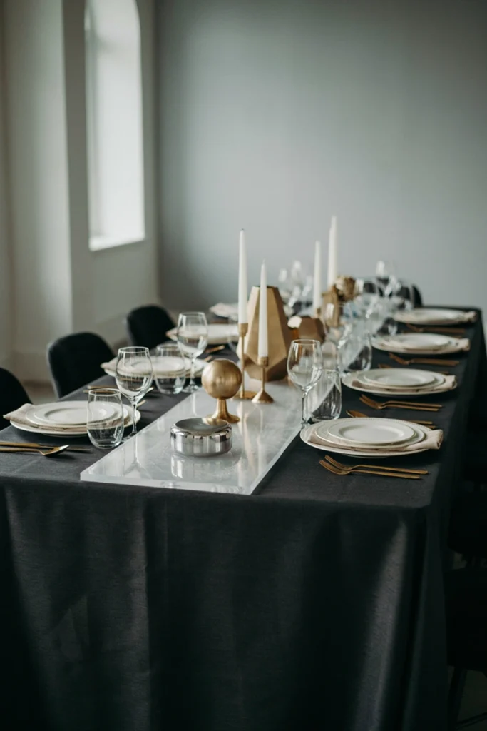 Black, white, and gold ice rink inspired hockey baby shower table setting