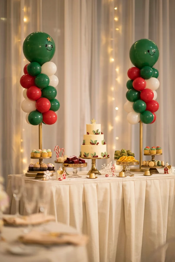 Grinch balloon topiary towers flanking a baby shower dessert table