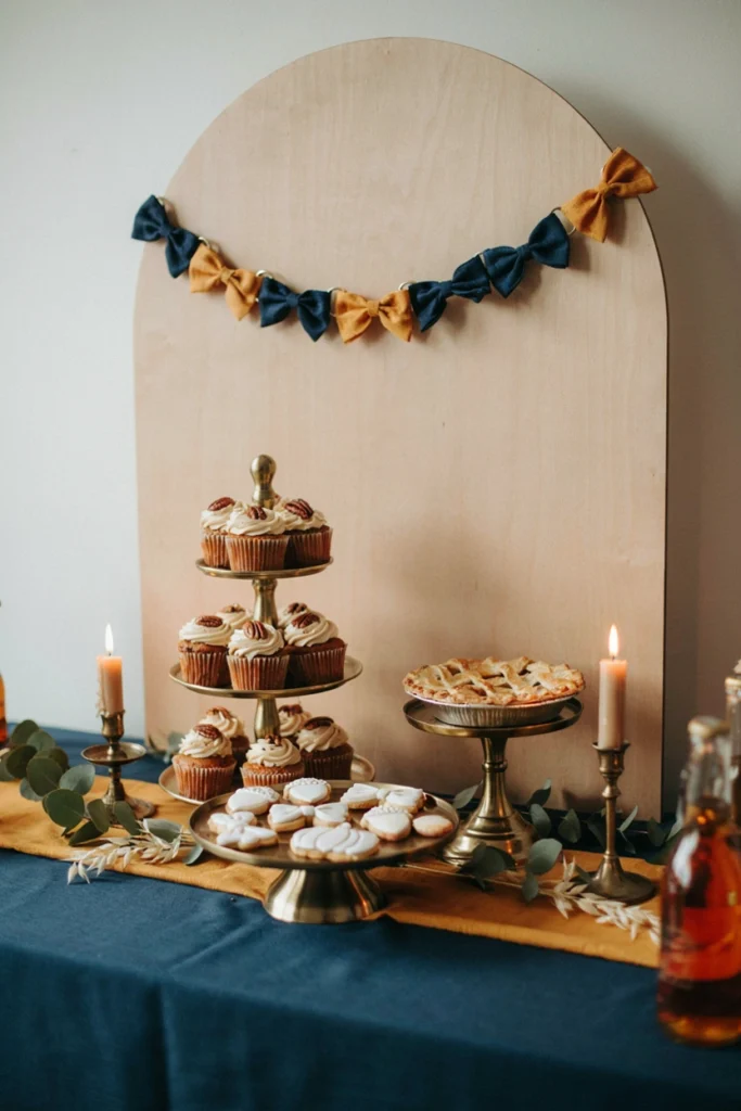 Elegant navy and mustard fall baby shower table with bow tie garland and gold accents