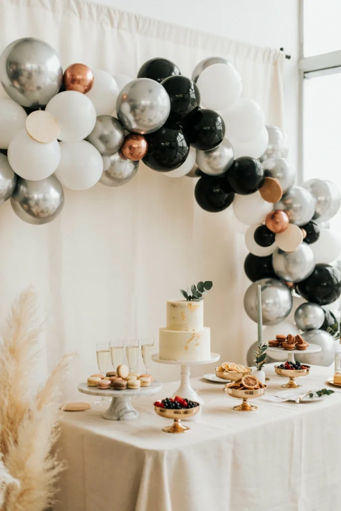 Black, white, and gold puck-shaped balloon garland for a hockey baby shower