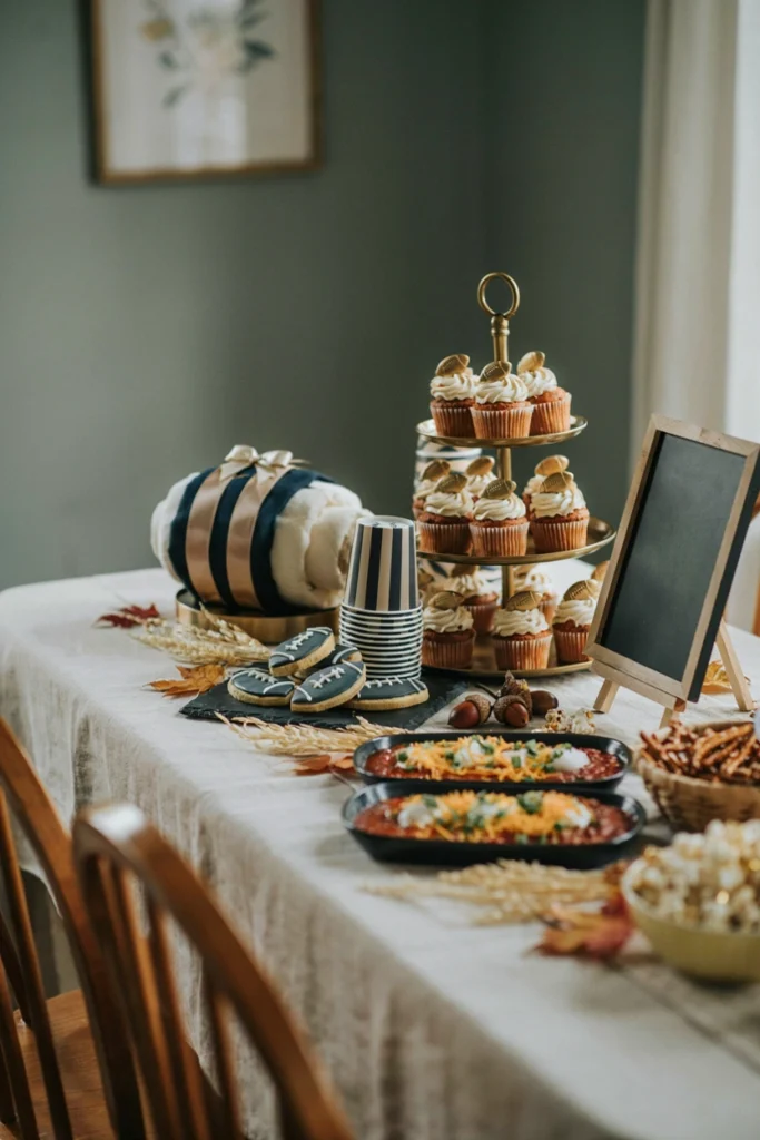 Football tailgate themed fall baby shower with team colors and diaper cake