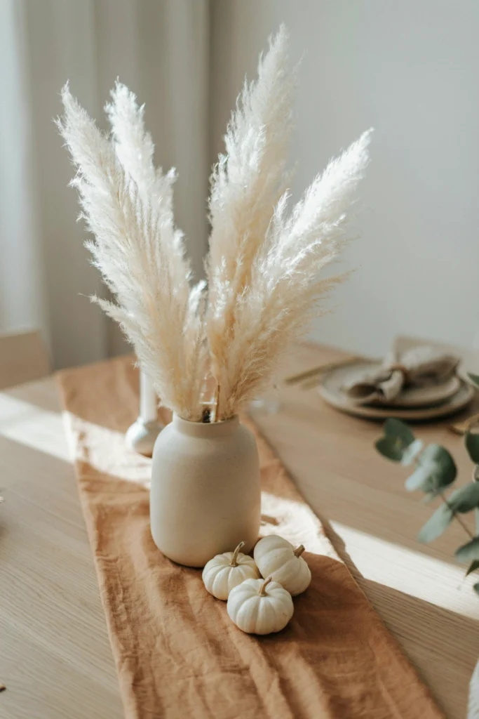 Pampas grass in a ceramic vase as a fall baby shower centerpiece