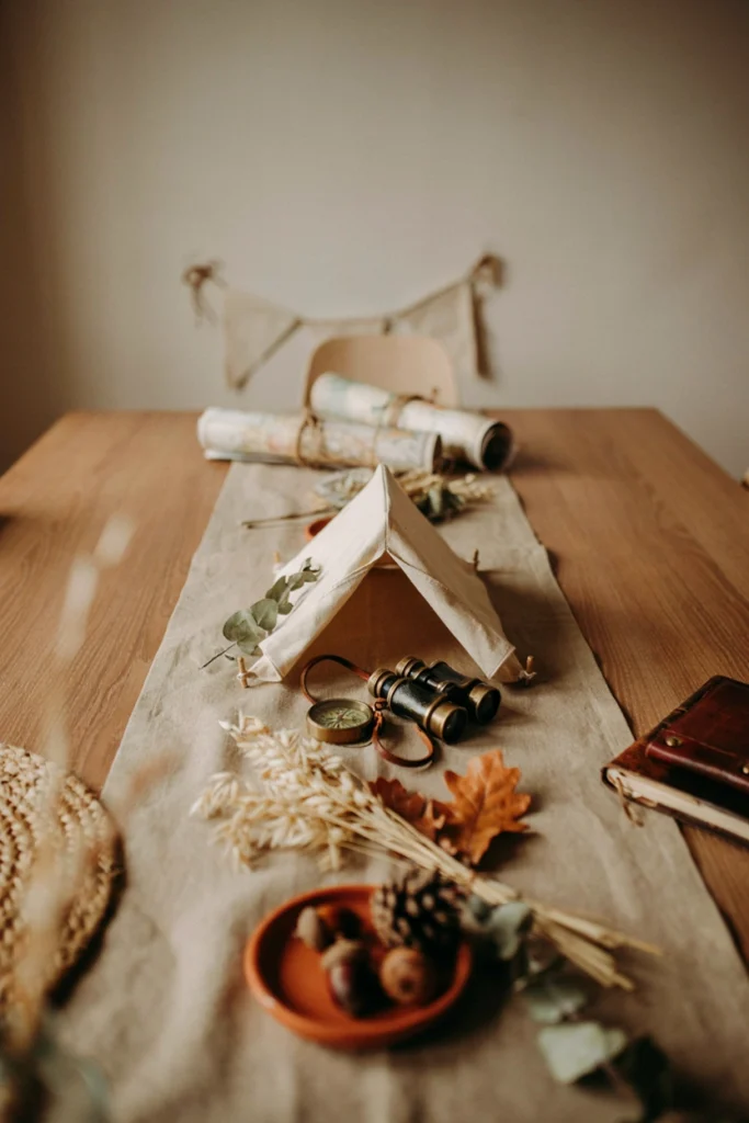 Autumn safari explorer themed baby shower table in khaki and olive green