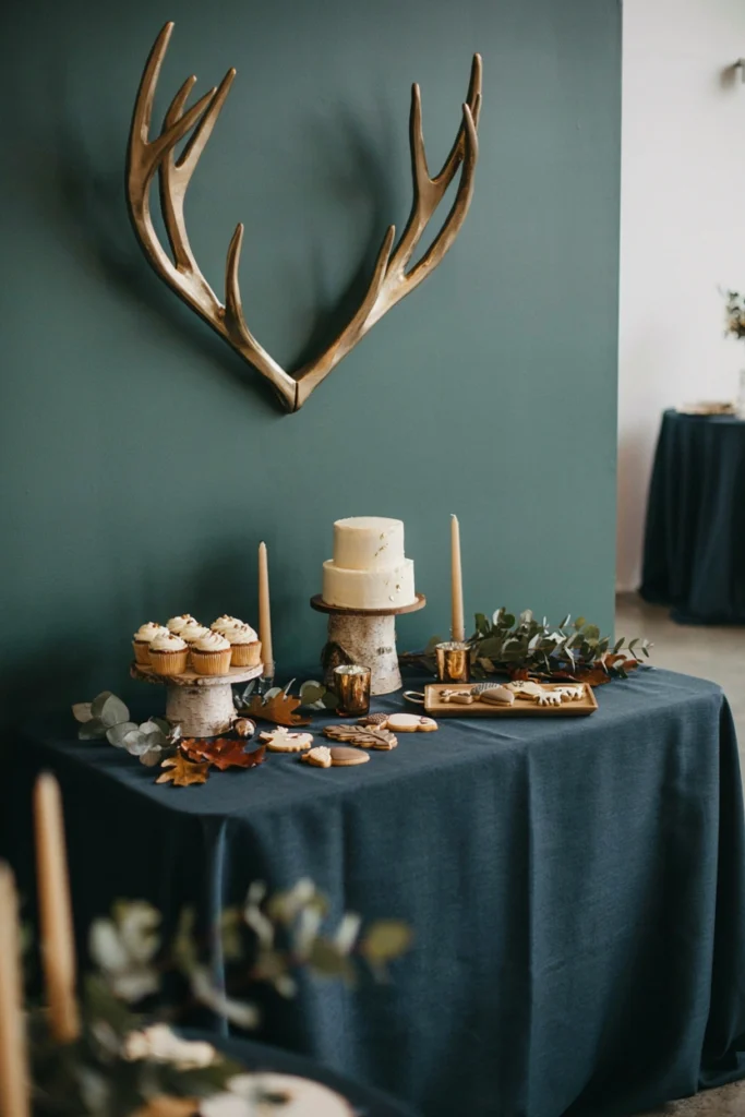 Woodland buck antler backdrop with forest green and navy fall baby shower table for a boy