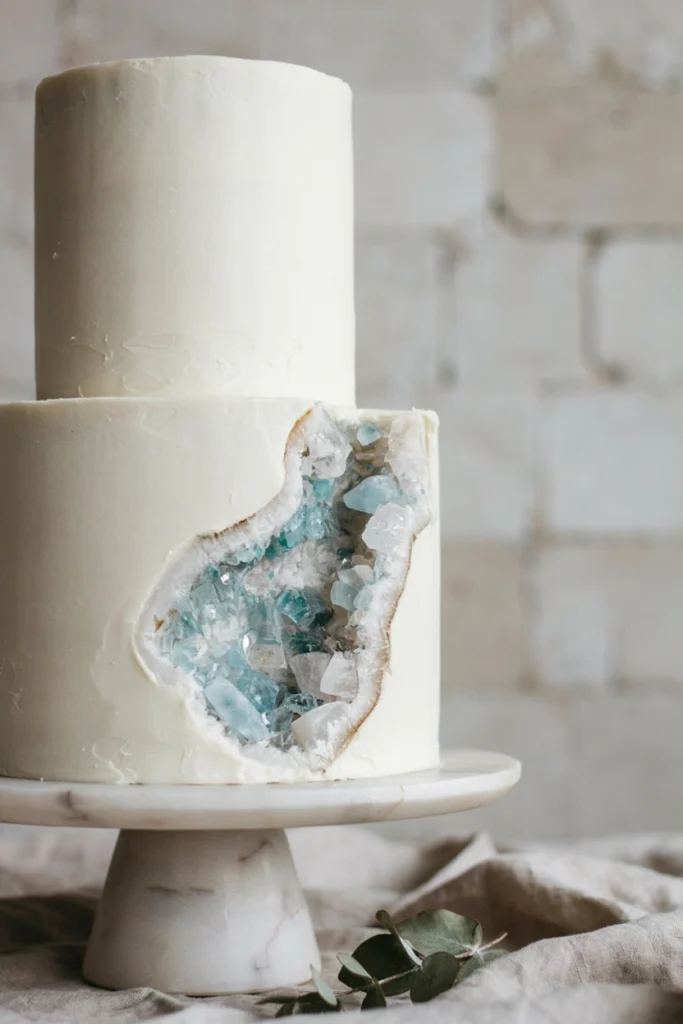 Cake with rock candy shards in pale blue and clear crystal pressed into an open geode-style cut