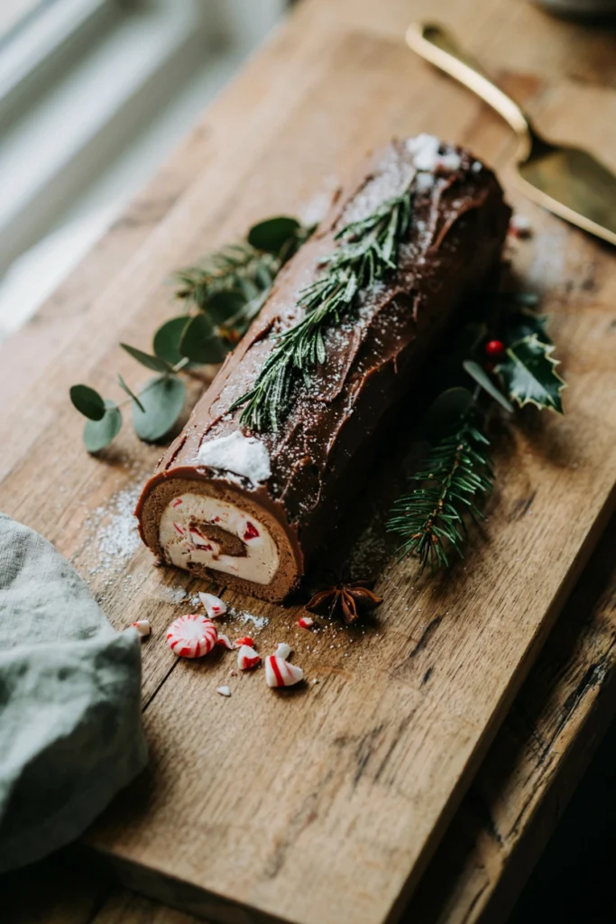 Rolled chocolate sponge cake frosted to look like bark, topped with sugared rosemary and powdered sugar snow