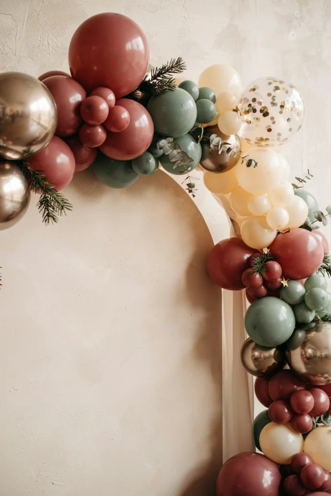 Burgundy, sage, cream, and gold balloon garland for a winter baby shower