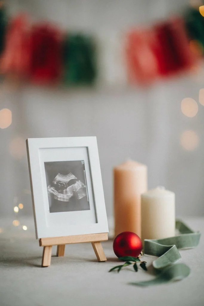Framed ultrasound photo display beside a little who is due sign at a baby shower