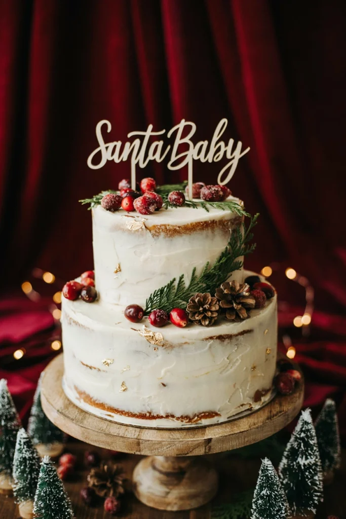 Santa Baby wooden cake topper on a semi-naked Christmas baby shower cake
