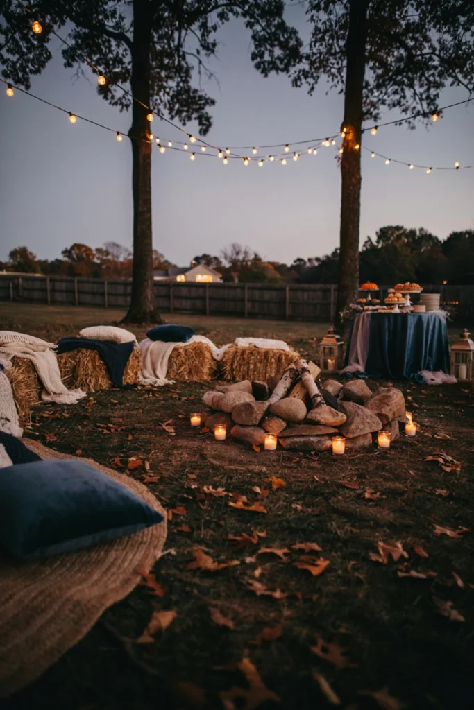 Evening outdoor fall baby shower with string lights, fire pit, and navy and gold color palette