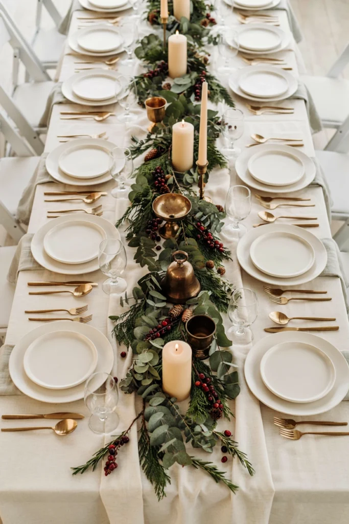 Cranberry and eucalyptus table runner for a Christmas baby shower