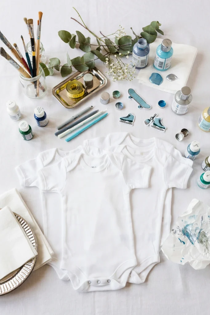 Onesie decorating station with fabric markers for an ice skating baby shower