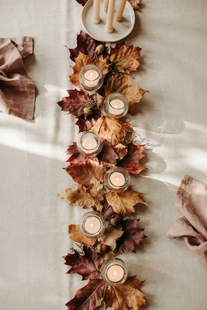 Fall leaf table runner with votive candles for a baby shower centerpiece